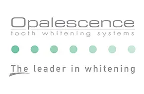Opalescence tooth whitening systems logo with green dots and the tagline “The leader in whitening.”